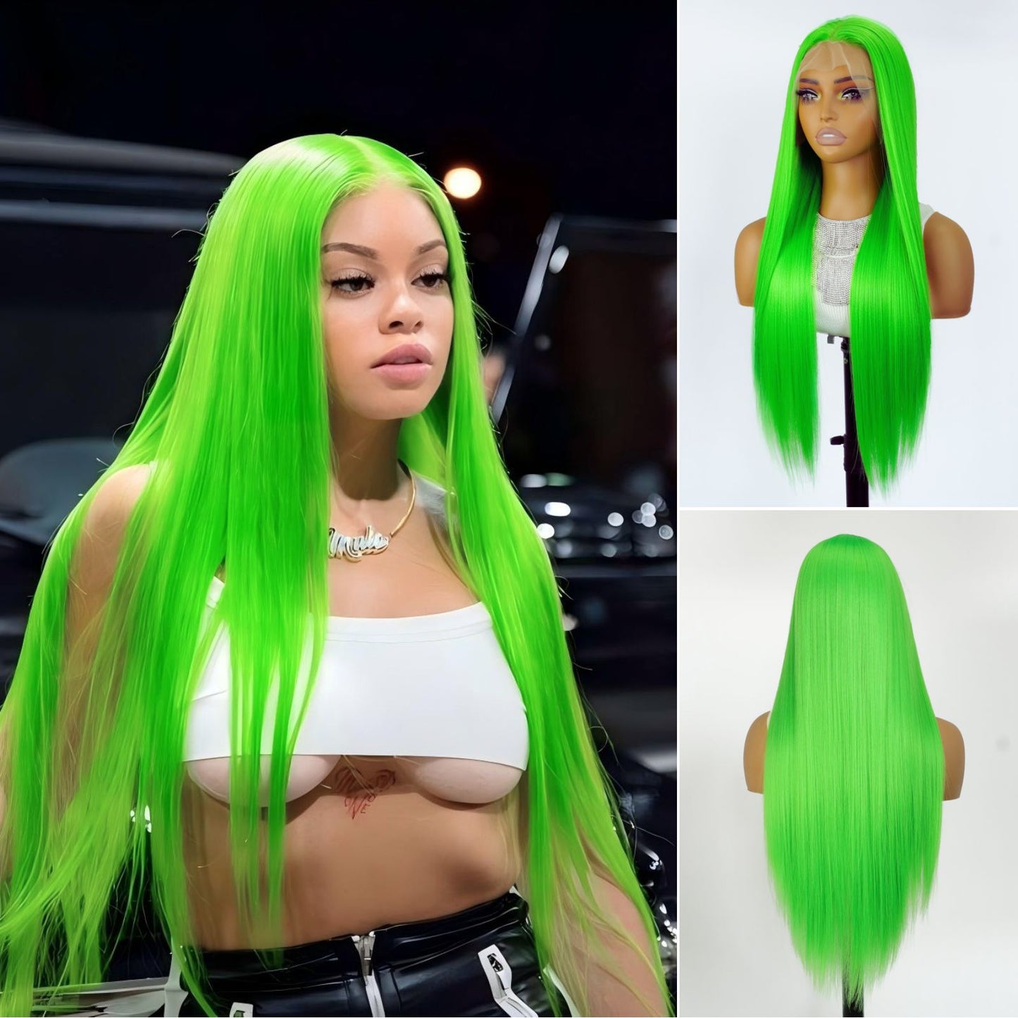 Fluorescent Green Straight Synthetic Lace Front Wig 13X4 Party Halloween Use 28 Inches