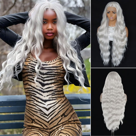 Gray White Wave Synthetic Lace Front Wig13x4 for Halloween Cosplay Use 32 Inch