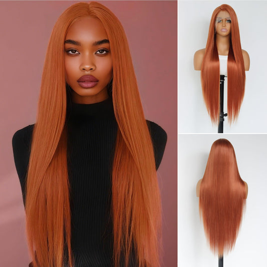Ginger Orange Straight Synthetic 13x4 Lace Front Wig 32 Inch