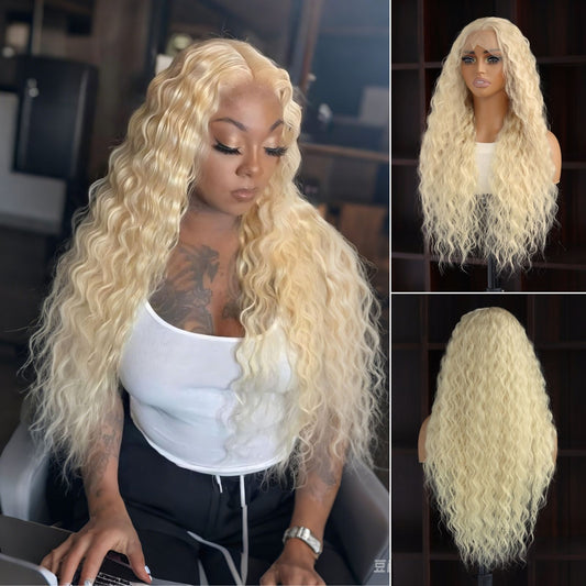 Blonde Long Curly 613# Synthetic Lace Front Wig 13x4 for Party Daily Use 28 Inch