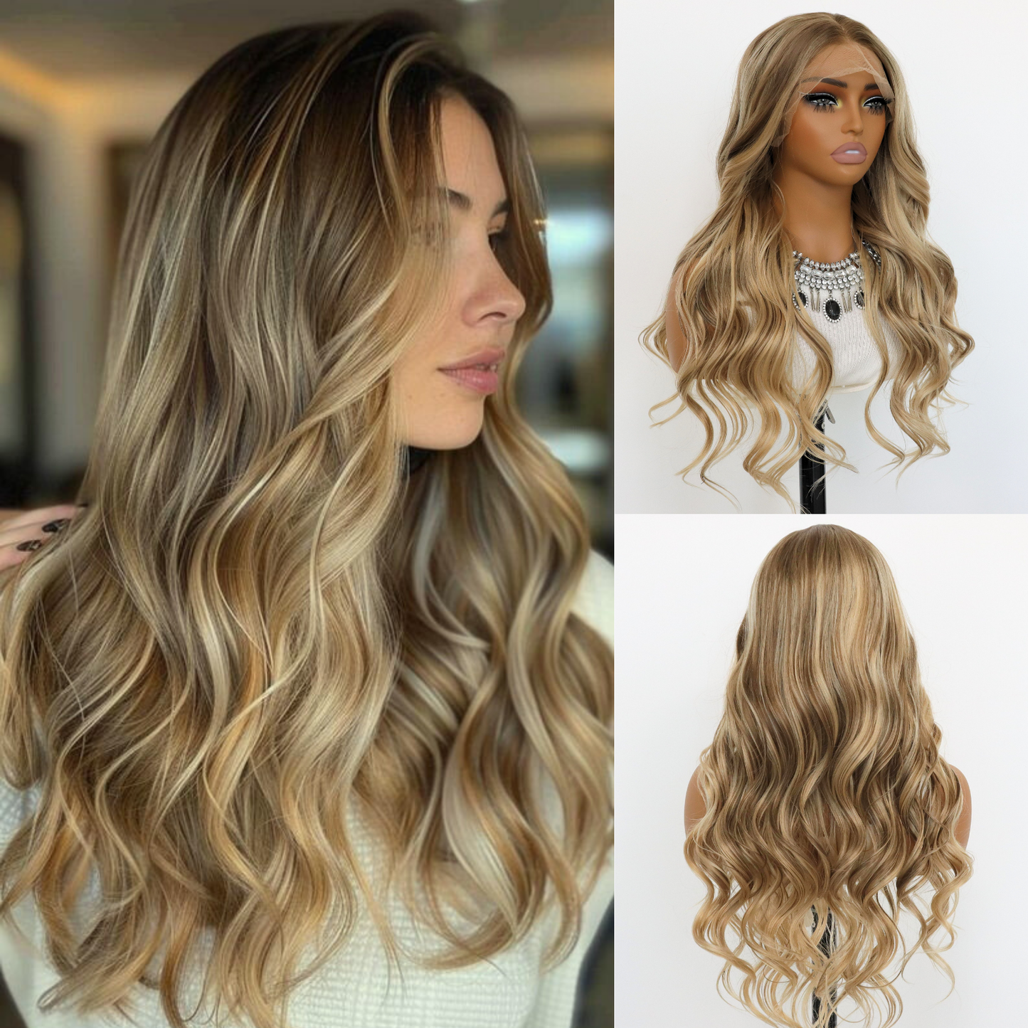 Ombre Blonde Wavy Wig 13×4 Lace Front Wigs Skunk Stripes Wave Blonde Synthetic Wig Heat-resistant Fibre Wig For Daily party Use（24Inch）