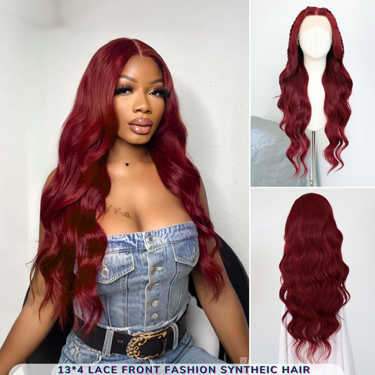 Burgundy Body Wave Synthetic Lace Front Wig 13x4 Cosplay Daily Use 32 Inch