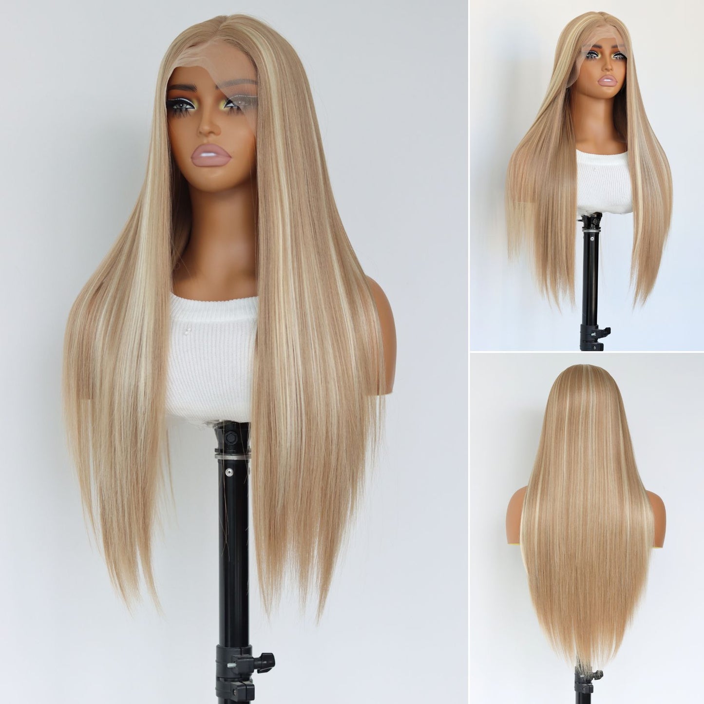 Highlight Blonde Mixed Brown Straight Synthetic Lace Front Wig 13x4 Daily Use 26 Inches
