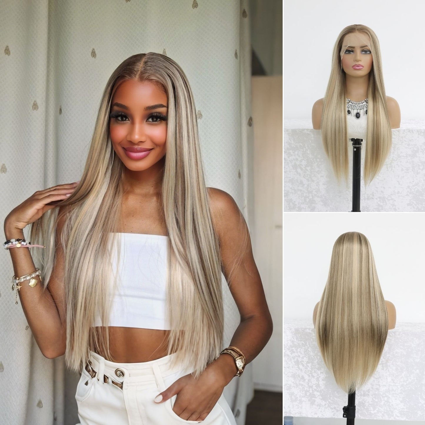 Ombre Blonde Mixed Brown Straight Synthetic Lace Front Wig 13x4 Daily Use 26 Inches