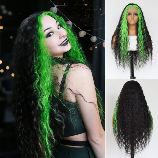 Highlight Green Black Loose Curly Synthetic Lace Front Wig13x4 for Halloween Cosplay Use 32 Inch