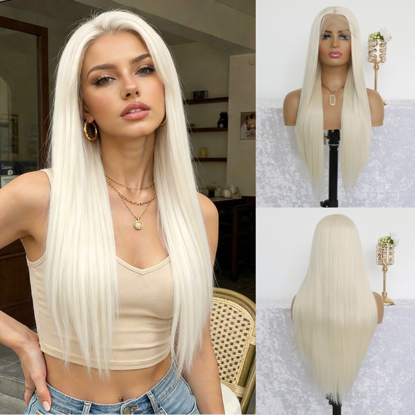 Cream White Lace Front Synthetic Wig 28" Straight Heat Resistant Fiber 13x4 HD Transparent Lace Free Part  for Women Daily Use