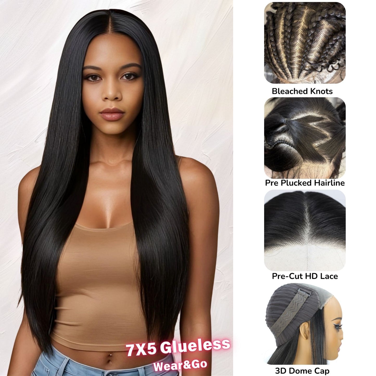 Natural Black Straight Synthetic Lace Front Wig Pre-Cut 7X5 Daily Use 24 Inches