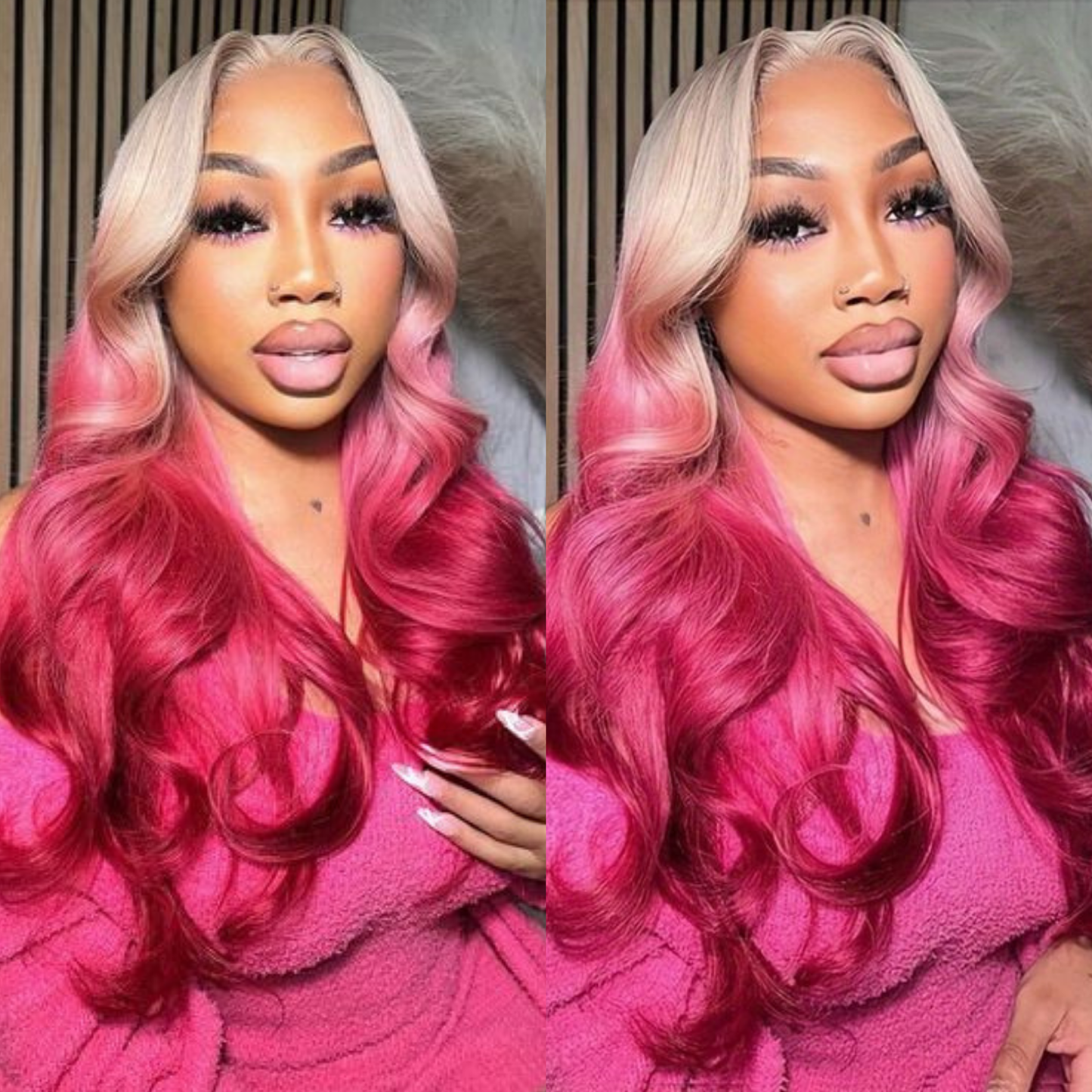Ombre Pink Lace Front Wigs Long Body Wave Synthetic Wig Ombre Pink Wavy Synthetic Wigs with Light Blonde Roots For Women's Daily Party Wear(24Inch)