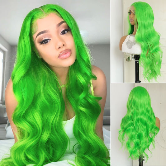Fluorescent Green Body Wave Synthetic Lace Front Wigs for Holidays Daily Party Use 28 Inch