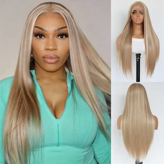 Honey Blonde Lace Front Wig Honey Blonde Straight Wig Blonde 180% Density Blonde Straight Wig Highlight Synthetic Straight Wig for Women