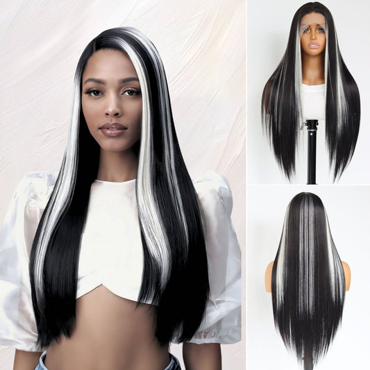Highlight White Black Straight Synthetic Lace Front Wig 13X4 Party Daily Use 26 Inches