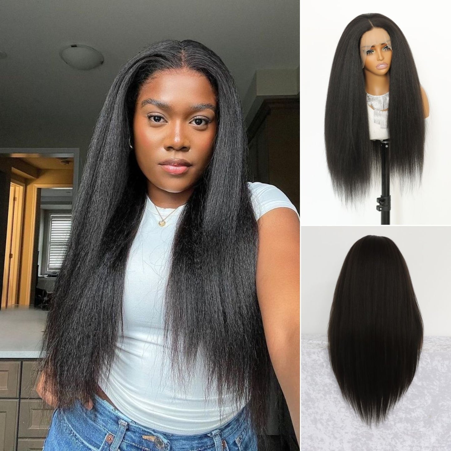 Yaki Straight Black Synthetic Lace Front Wig 13x4 Daily Use 28 Inch