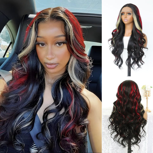 Highlight Blonde Red Black Skunk Stripe Body Wave Ombre Synthetic Lace Front Wig 13X4 Party  Daily Use 24 Inches