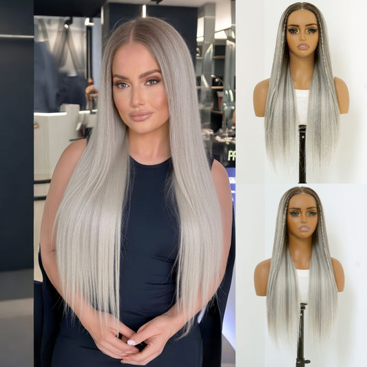 Ombre Ash Gray Straight Synthetic Lace Front Wig Pre Cuted 7x5 Daily Use 24 Inches