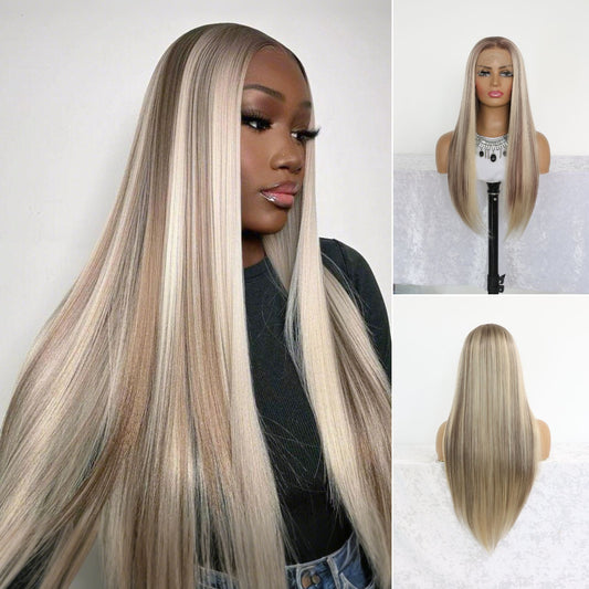 Ombre Blonde Mixed Brown Straight Synthetic Lace Front Wig 13X4 Party Daily Use 26 Inches