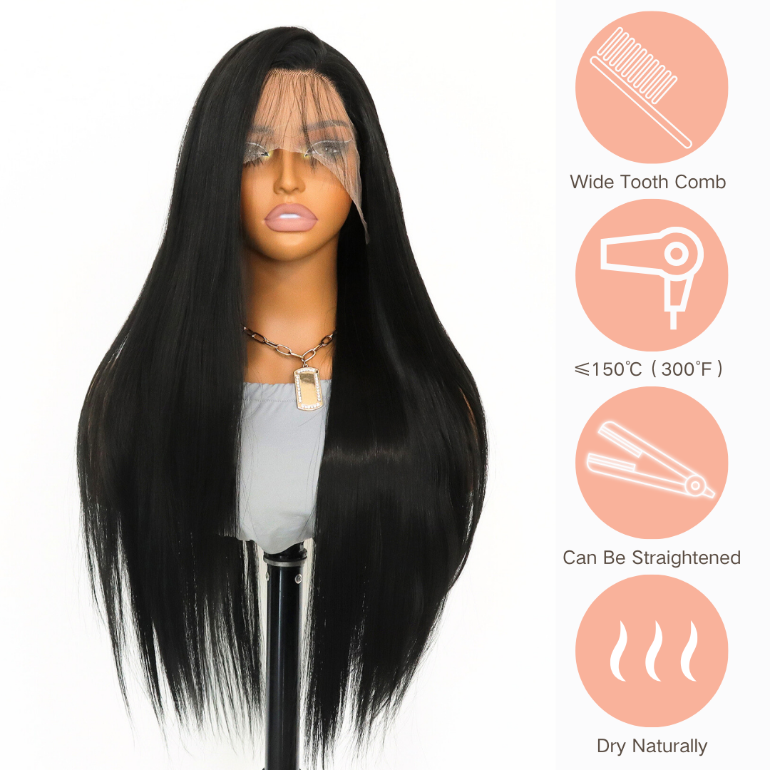 Black Long Straight Synthetic Wig Lace Front Wigs Natural Hairline Heat-resistant Fiber Wig For Daily Party Use (24Inch)