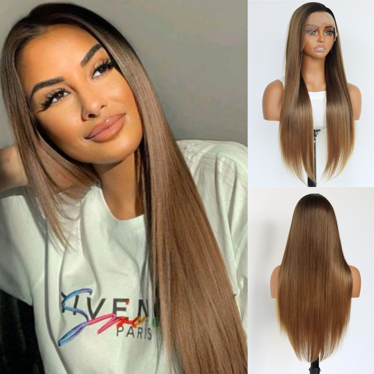 Ombre Brown Long Straight Synthetic Wig 13×4 Lace Front Wig Ombre Brown Glueless Heat-resistant Synthetic Wig Suitable For Daily Party Wedding Dates(24Inch)