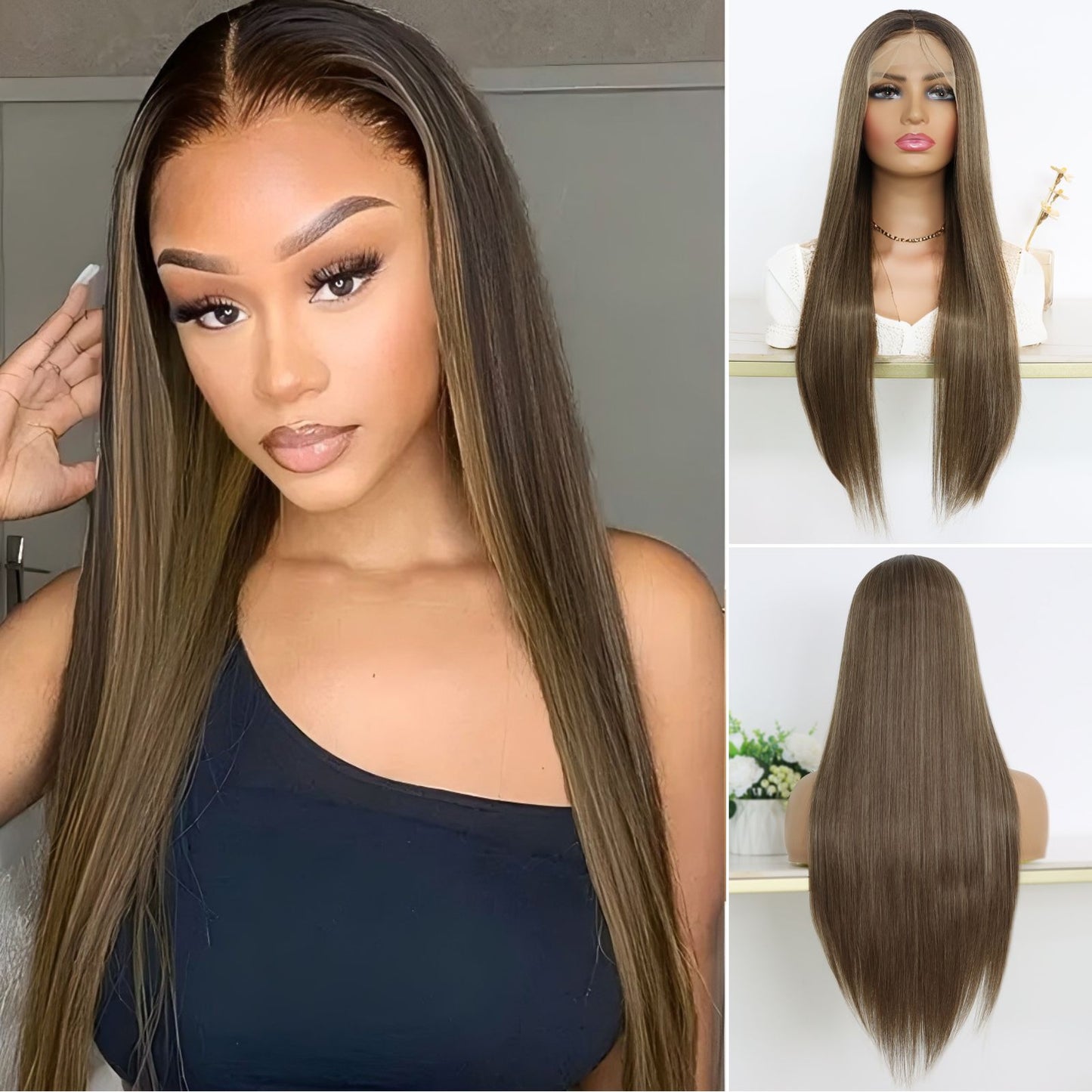 Ombre Brown Straight Synthetic Lace Front Wig13x4 for Party Daily Use 26 Inch
