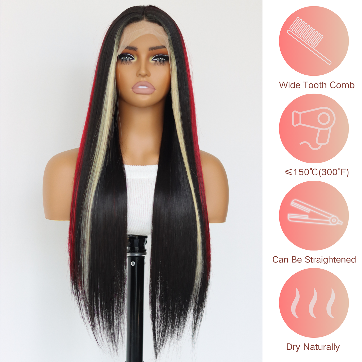 Skunk Stripes Red And Blonde Highlights Wig Black With Red Skunk Stripe Synthetic Heat-resistant Fiber Wig 13x4 Lace Front Wigs for Women Pre Plucked with Baby Hair 24 Inches