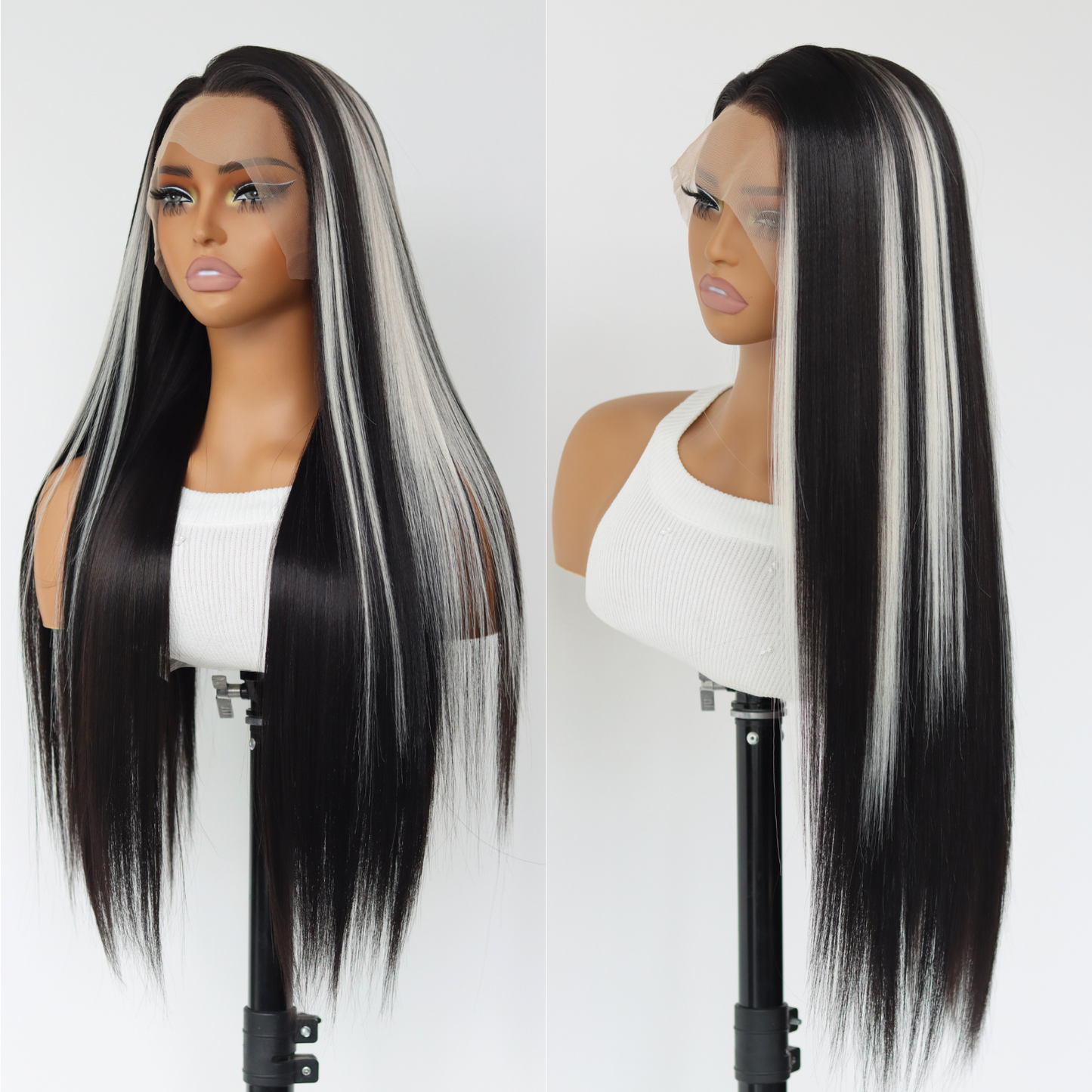 White Highlights 13×4 Lace Front Wigs White Skunk Stripes Synthetic Wig Glueless Breathable Fashion Wig Long Straight Black And white Striped Wig For Black Women(24Inch)