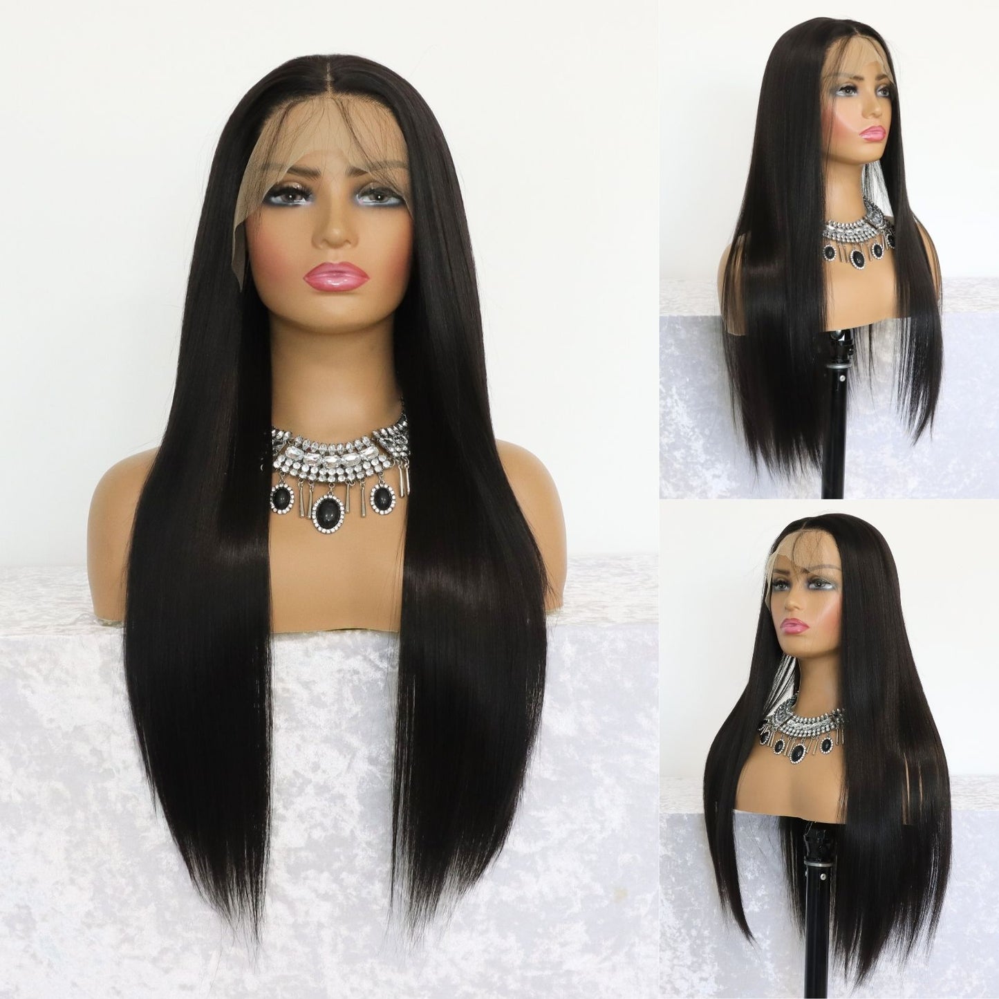 Silky Long Straight Black Synthetic Lace Front Wig with Free Part Pre Plucked 13X4 Heat Friendly 24 Inches
