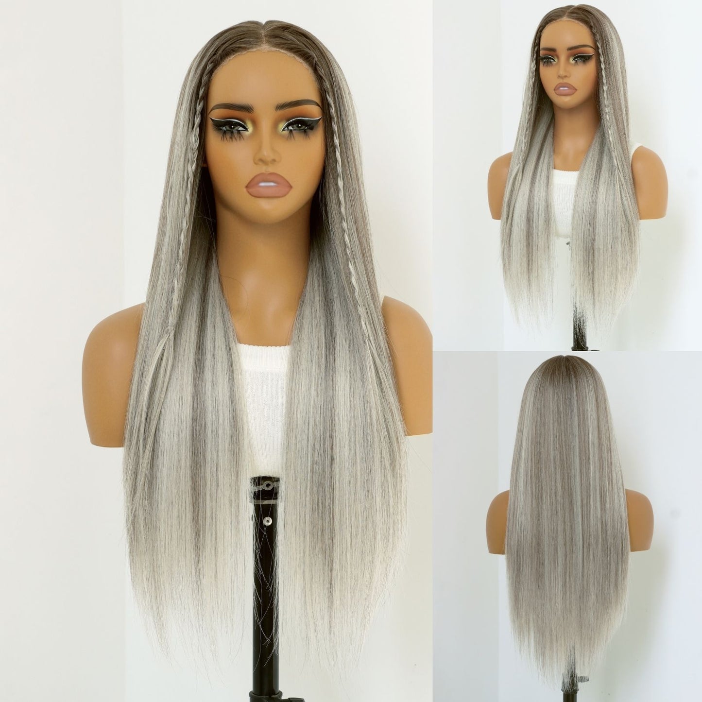 Ombre Ash Gray Straight Synthetic Lace Front Wig Pre Cuted 7x5 Daily Use 24 Inches