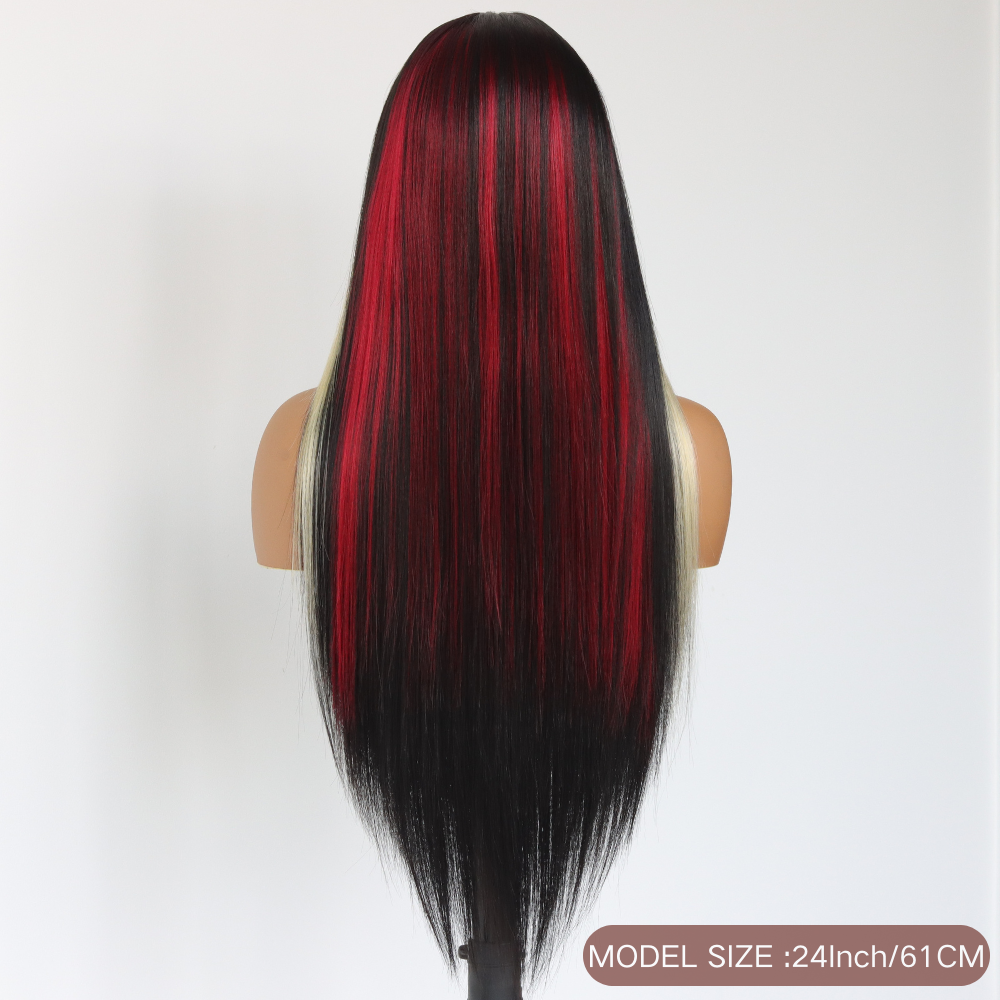 Skunk Stripes Red And Blonde Highlights Wig Black With Red Skunk Stripe Synthetic Heat-resistant Fiber Wig 13x4 Lace Front Wigs for Women Pre Plucked with Baby Hair 24 Inches