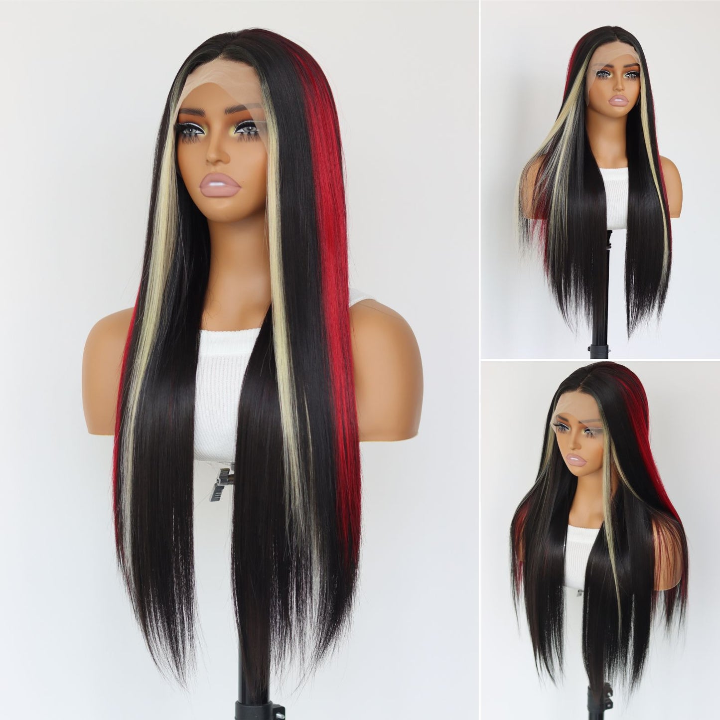 Highlight Red Blonde Black Mixed Straight Synthetic Lace Front Wig 13X4 Party Daily Use 26 Inches