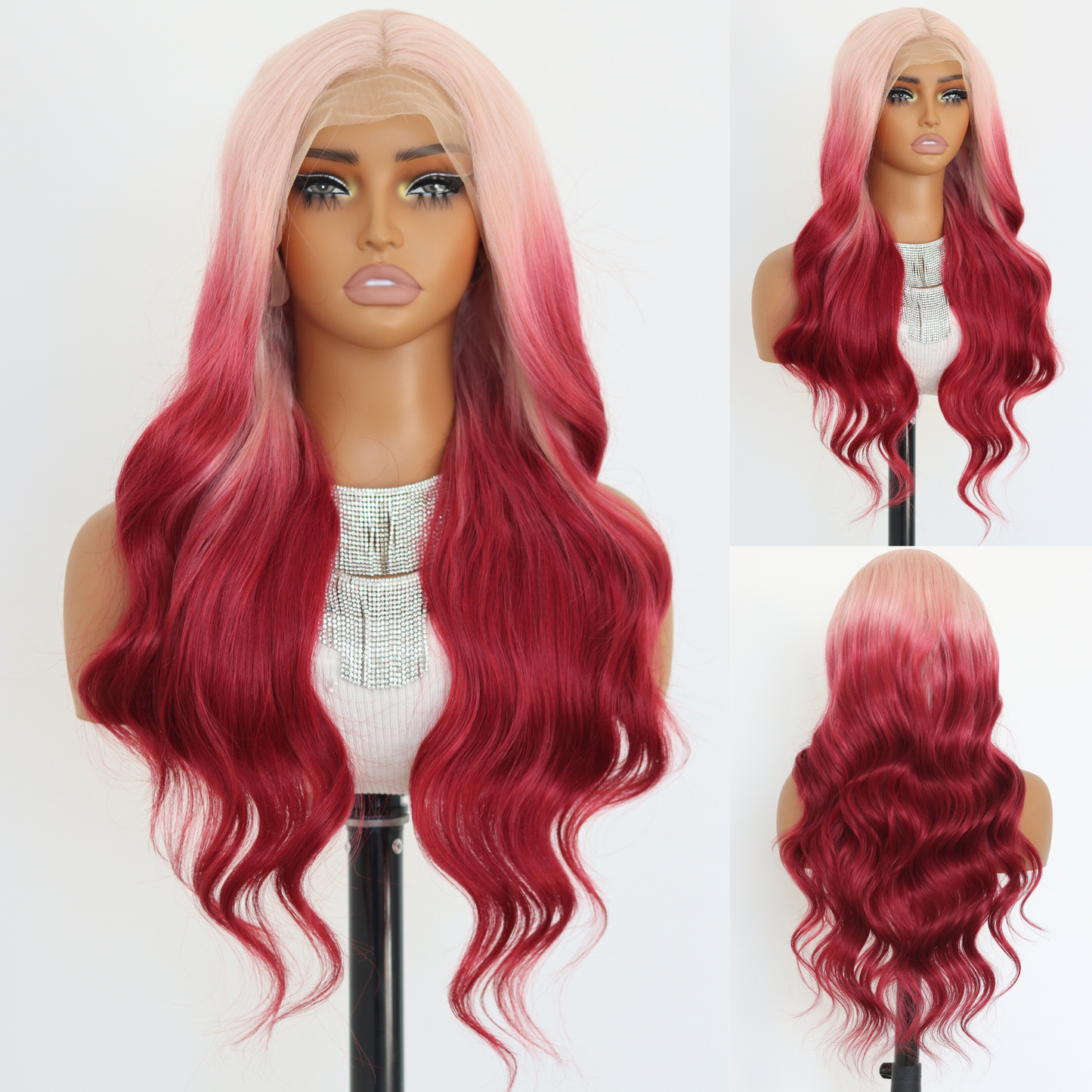Ombre Pink Lace Front Wigs Long Body Wave Synthetic Wig Ombre Pink Wavy Synthetic Wigs with Light Blonde Roots For Women's Daily Party Wear(24Inch)