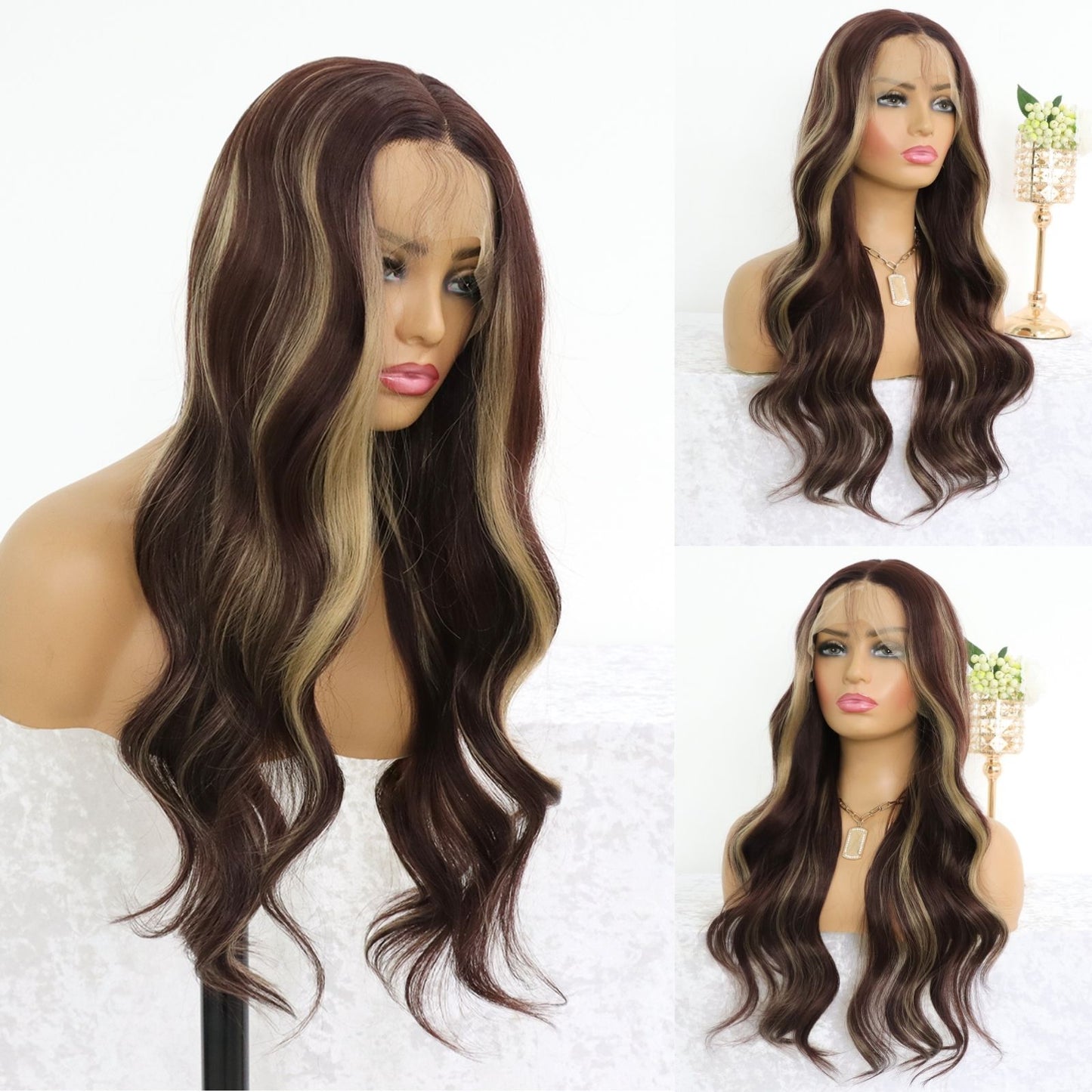 Hazelnut Lace Front Wig with Honey Blonde Highlight Long Wavy Synthetic Wig Loose Curls Heat-Resistant & Pre-Plucked Hairline Wig 13x4 HD Transparent Free Part Natural Looking 24"