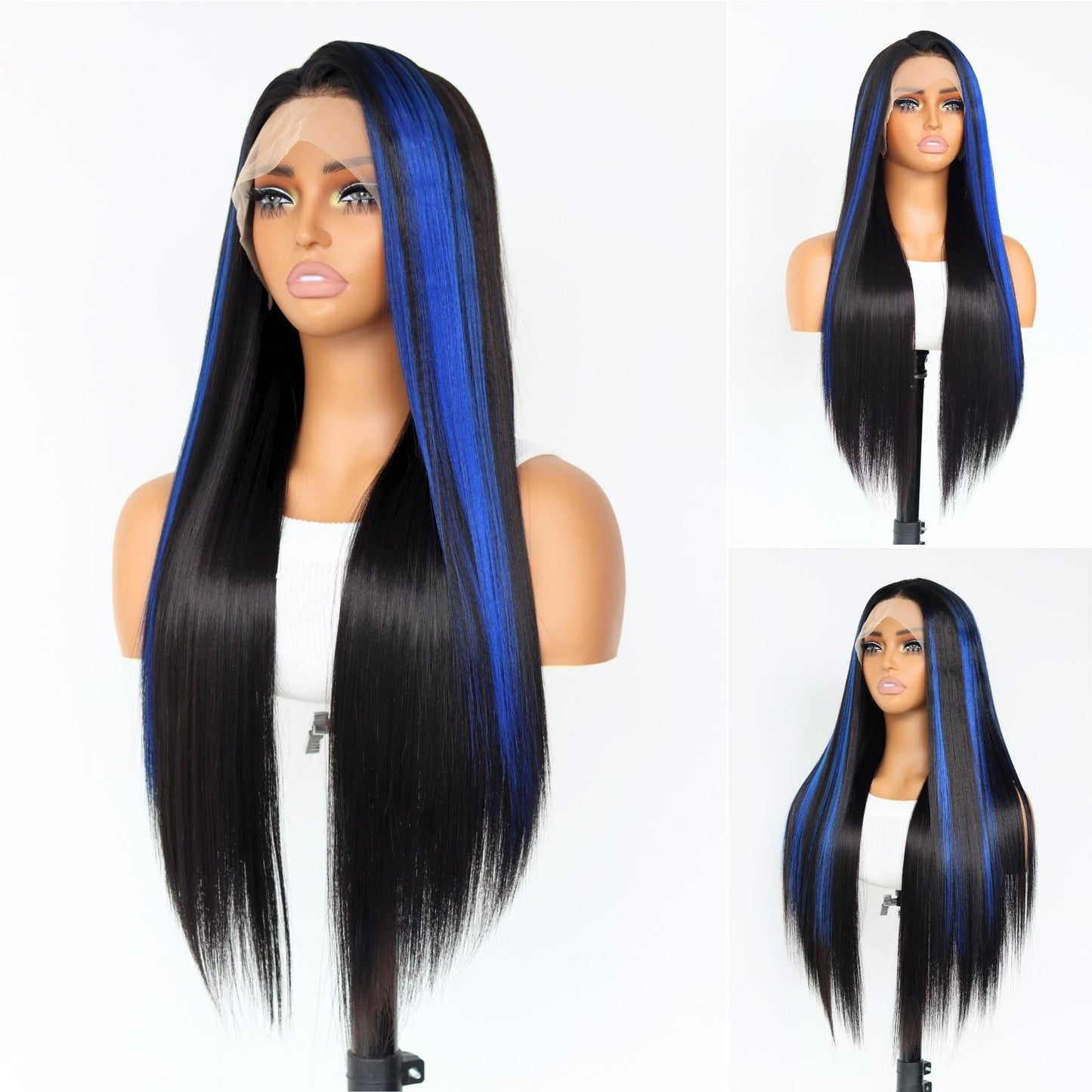 Highlight Blue Black Straight Synthetic Lace Front Wig 13X4 Party Daily Use 26 Inches