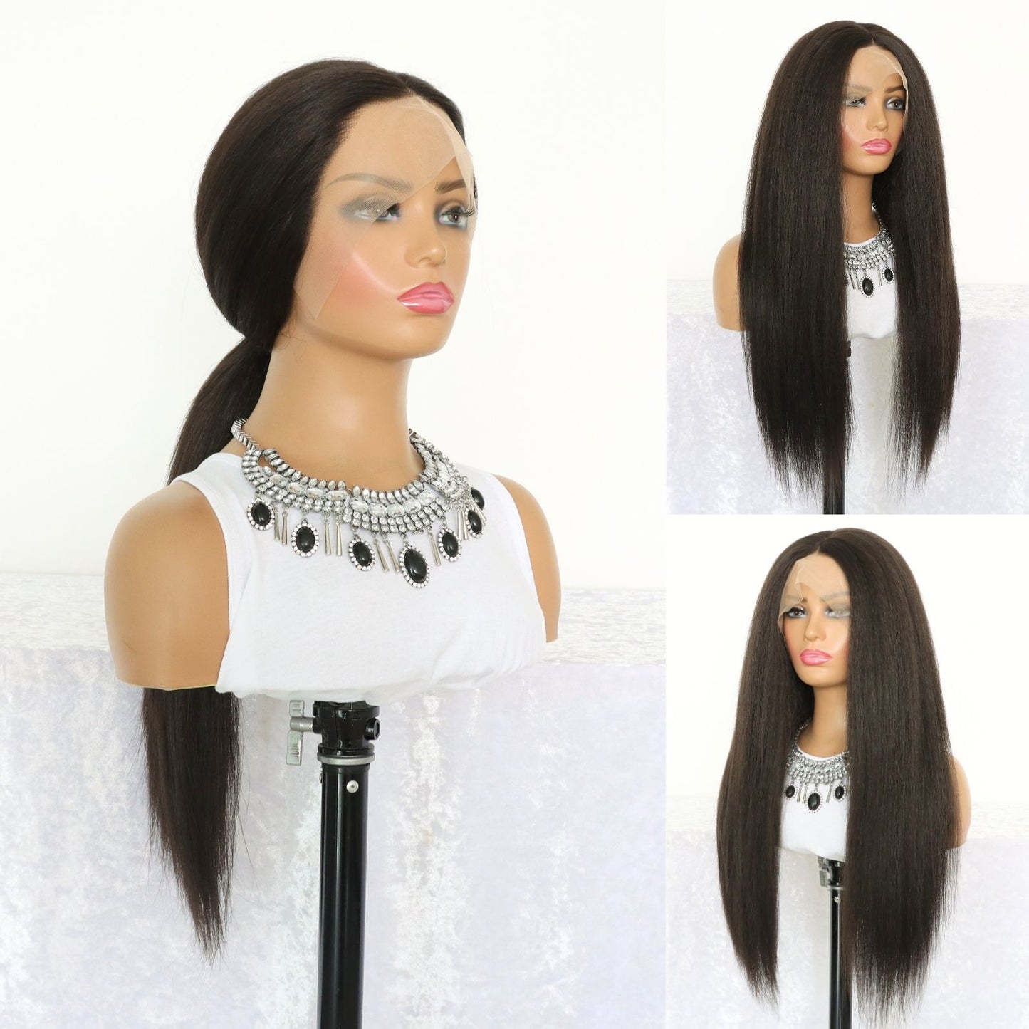 Long Yaki Straight Synthetic Lace Front Wig 13x4, 24" Black Heat-Resistant Fiber, Free Part, Natural Look