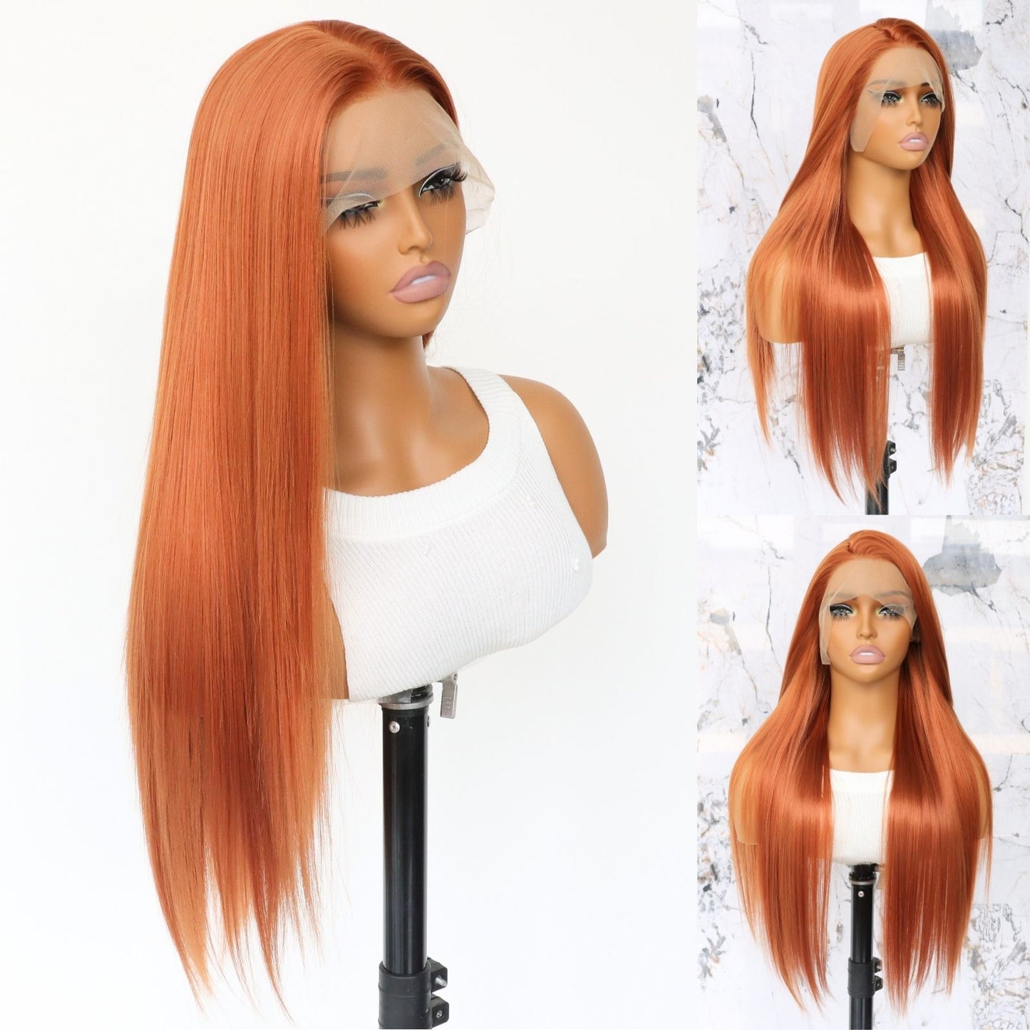 Copper Orange Straight Synthetic Lace Front Wig Ginger Orange Heat Resistant HD Transparent & Pre Plucked Free Part 13x4 Party Daily Use 24-Inch