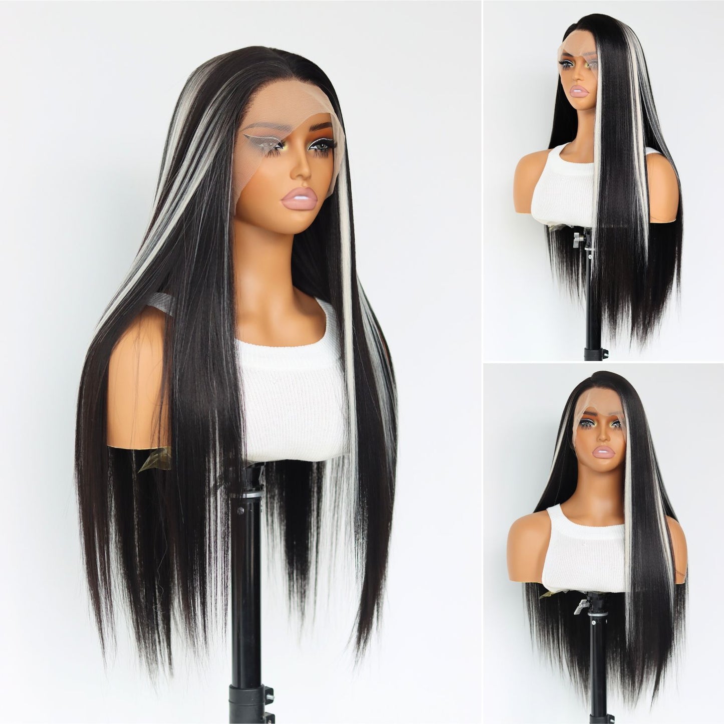 Highlight White Black Straight Synthetic Lace Front Wig 13X4 Party Daily Use 26 Inches
