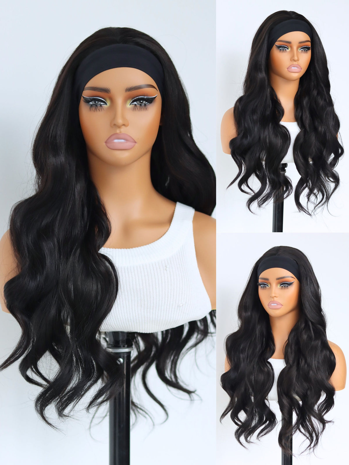 Black Body Wave Headband Wig 24 Inch Heat-Friendly Synthetic Hair Glueless Easy Wear & Go Style for Beginners
