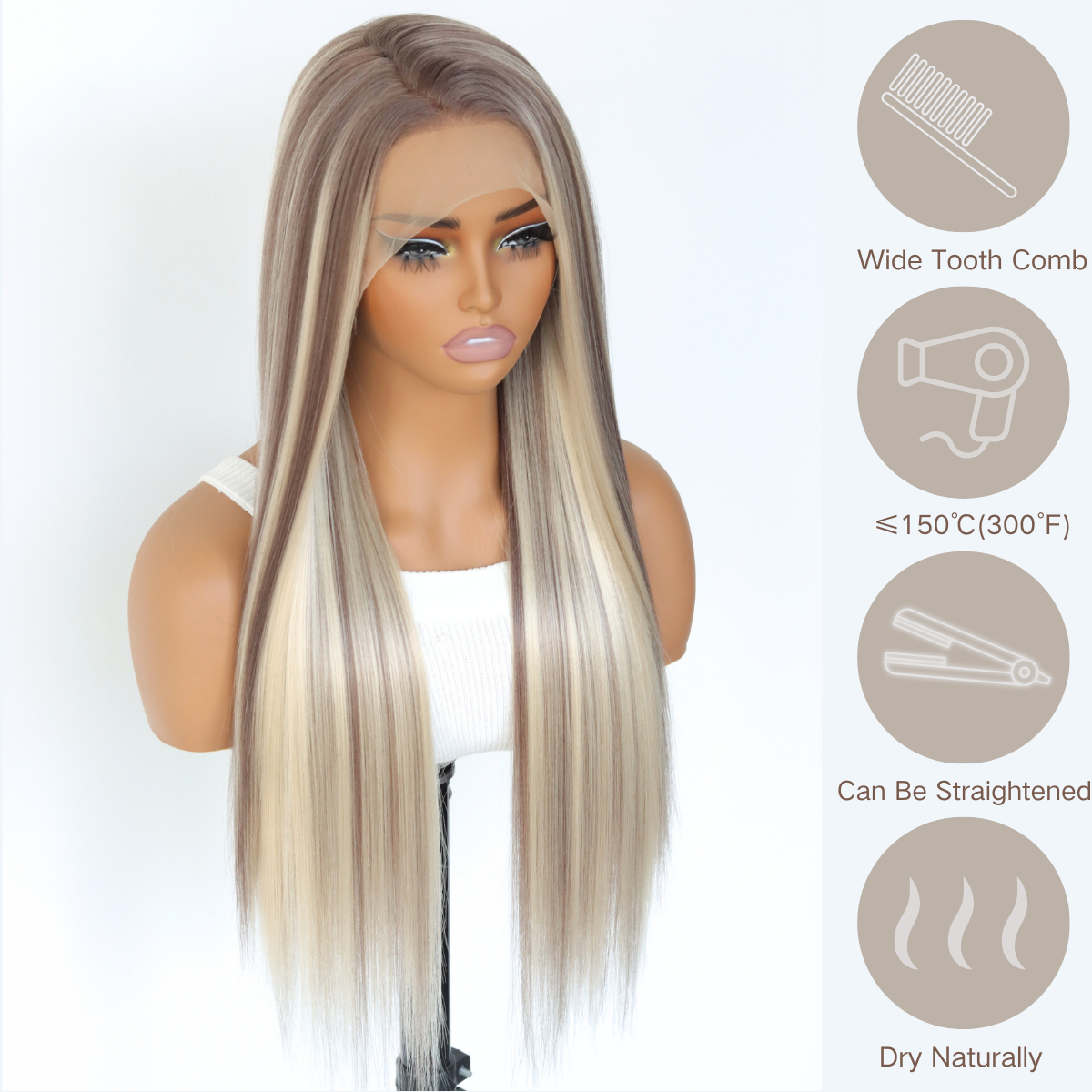Ombre Brown Stripe Synthetic Wig Long Highlight Ash Blonde Wig 13×4 Lace Front Wigs Ombre Brown Mixed Blonde Glueless Wigs Comfortable Breathable Mesh Cap For Black Women(24Inch)