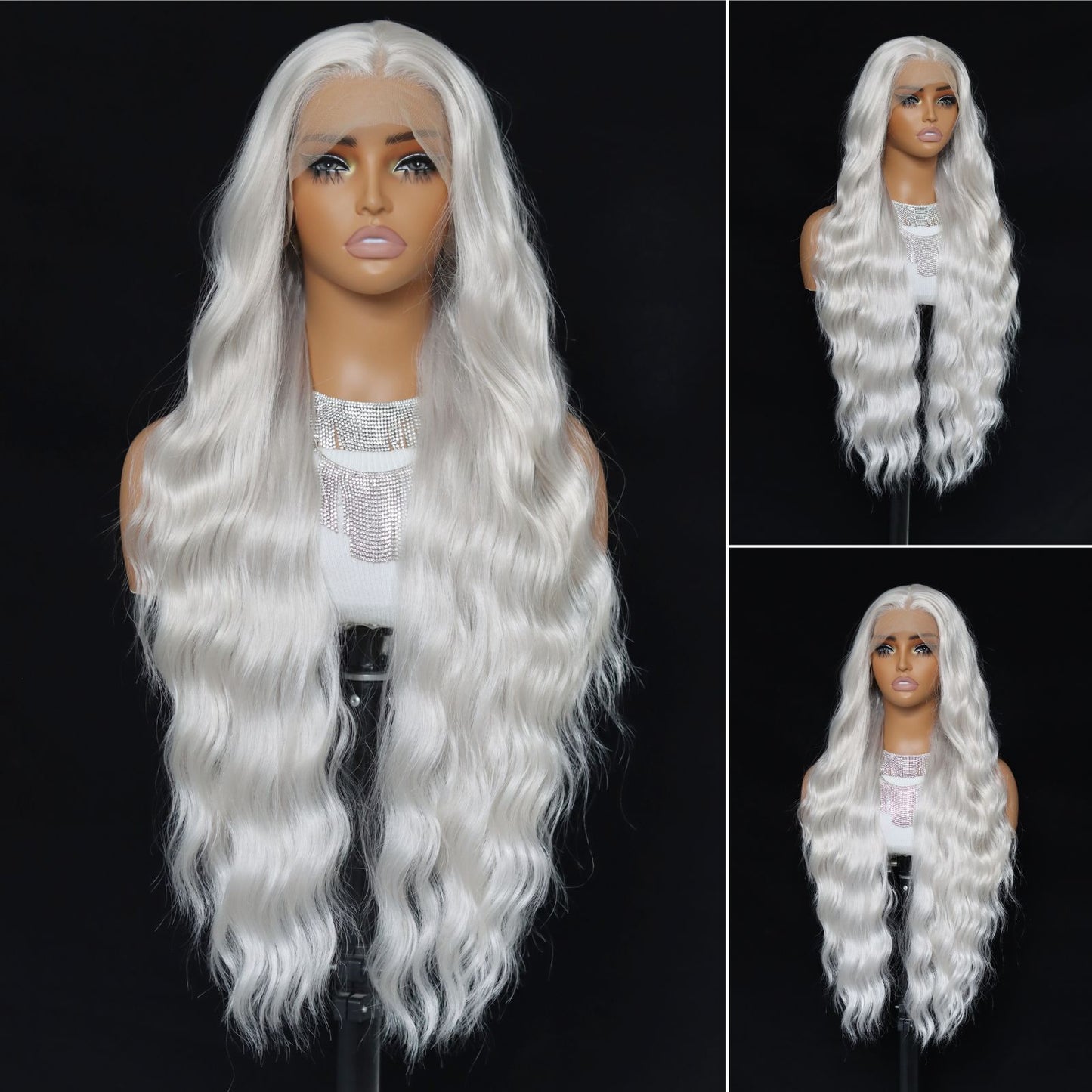 Gray White Wave Synthetic Lace Front Wig13x4 for Halloween Cosplay Use 32 Inch