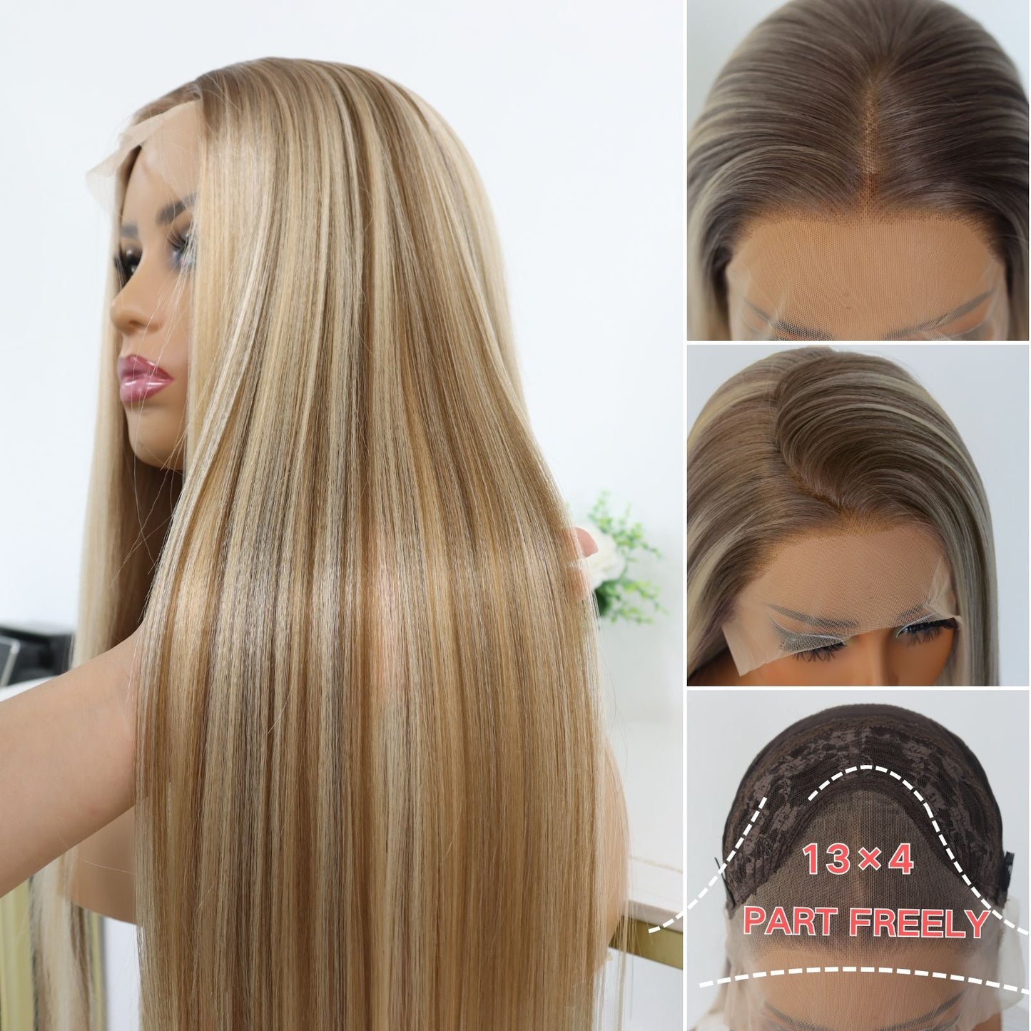 Ombre Blonde Mixed Brown Straight Synthetic Lace Front Wig 13x4 Daily Use 26 Inches