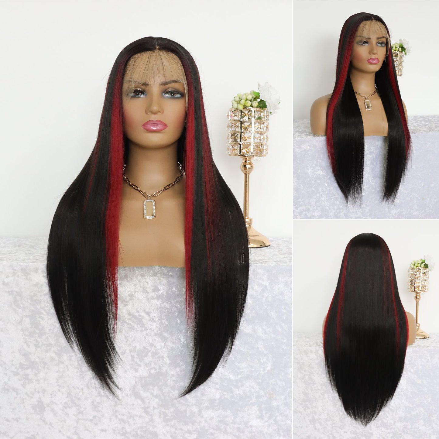 Highlight Red Black Straight Synthetic Lace Front Wig 13X4 Party Daily Use 26 Inches