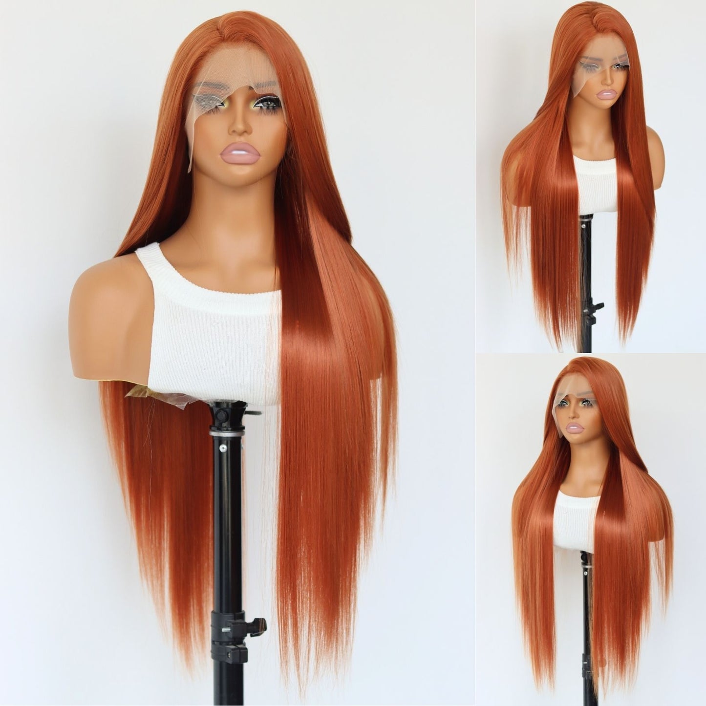 Copper Orange Straight Synthetic Lace Front Wig Ginger Orange Heat Resistant Pre Plucked Free Part 13x4 Party Daily Use 32 Inches