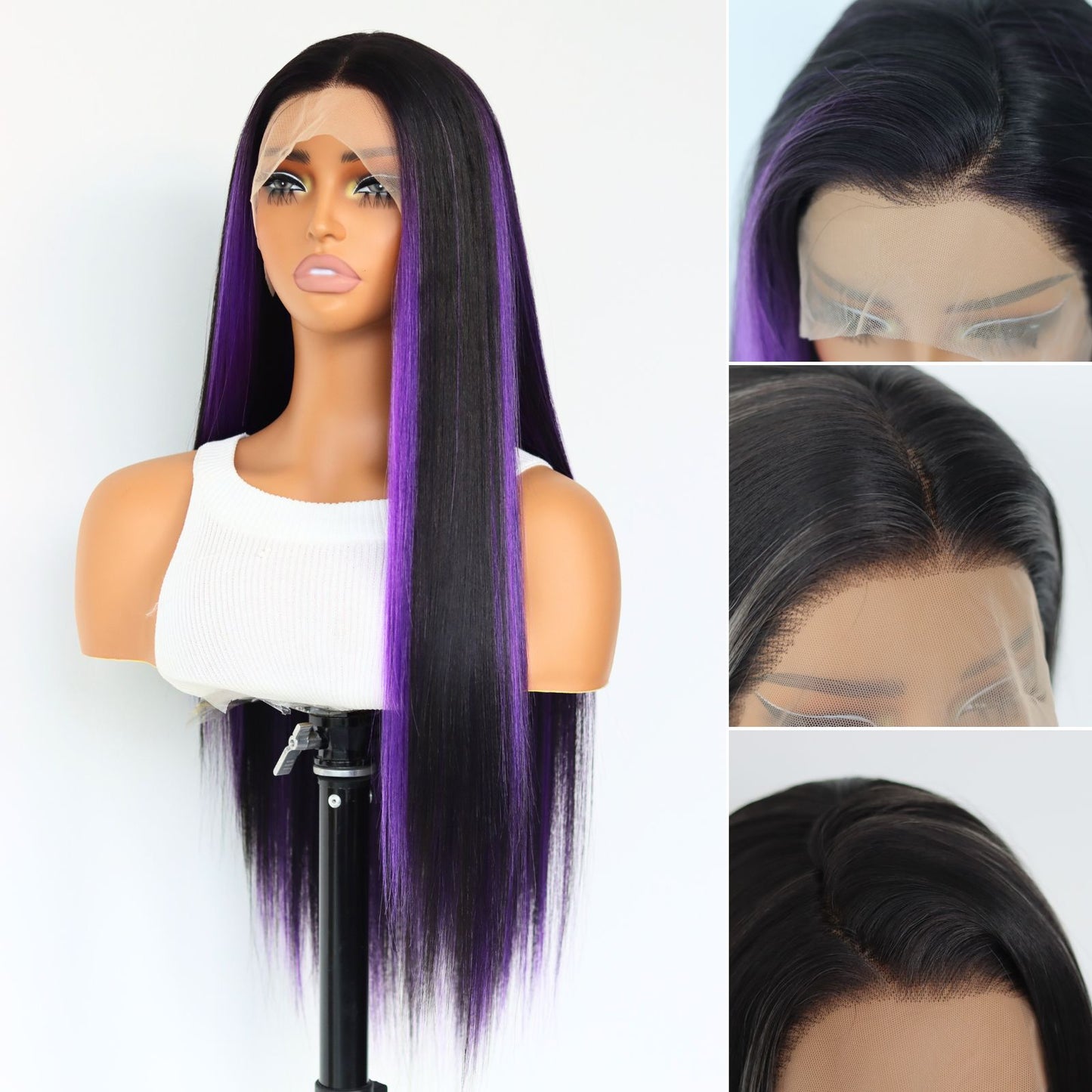 Highlight Purple Black Straight Synthetic Lace Front Wig 13X4 Party Daily Use 26 Inches