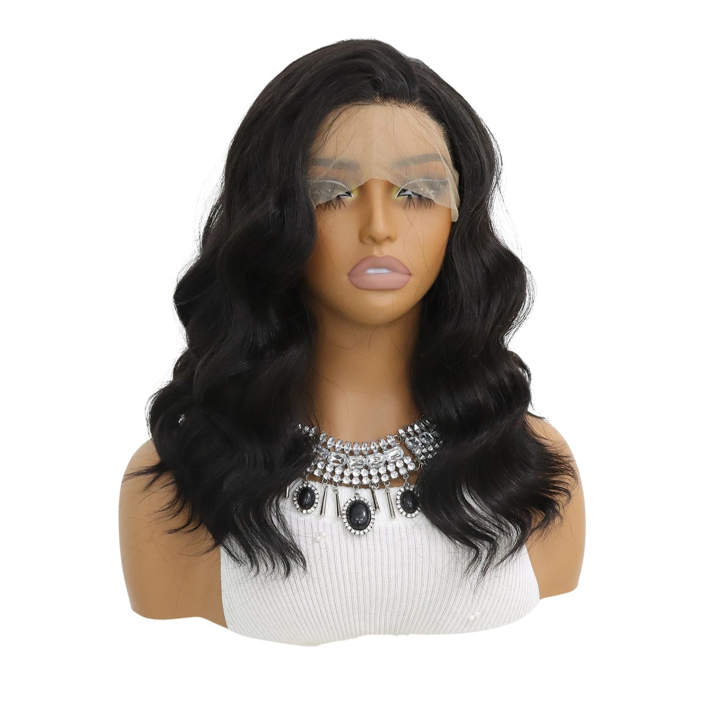Black Short Wavy Synthetic Lace Front Wig Bob Style 13x4 for Party Everyday Use 14 Inch