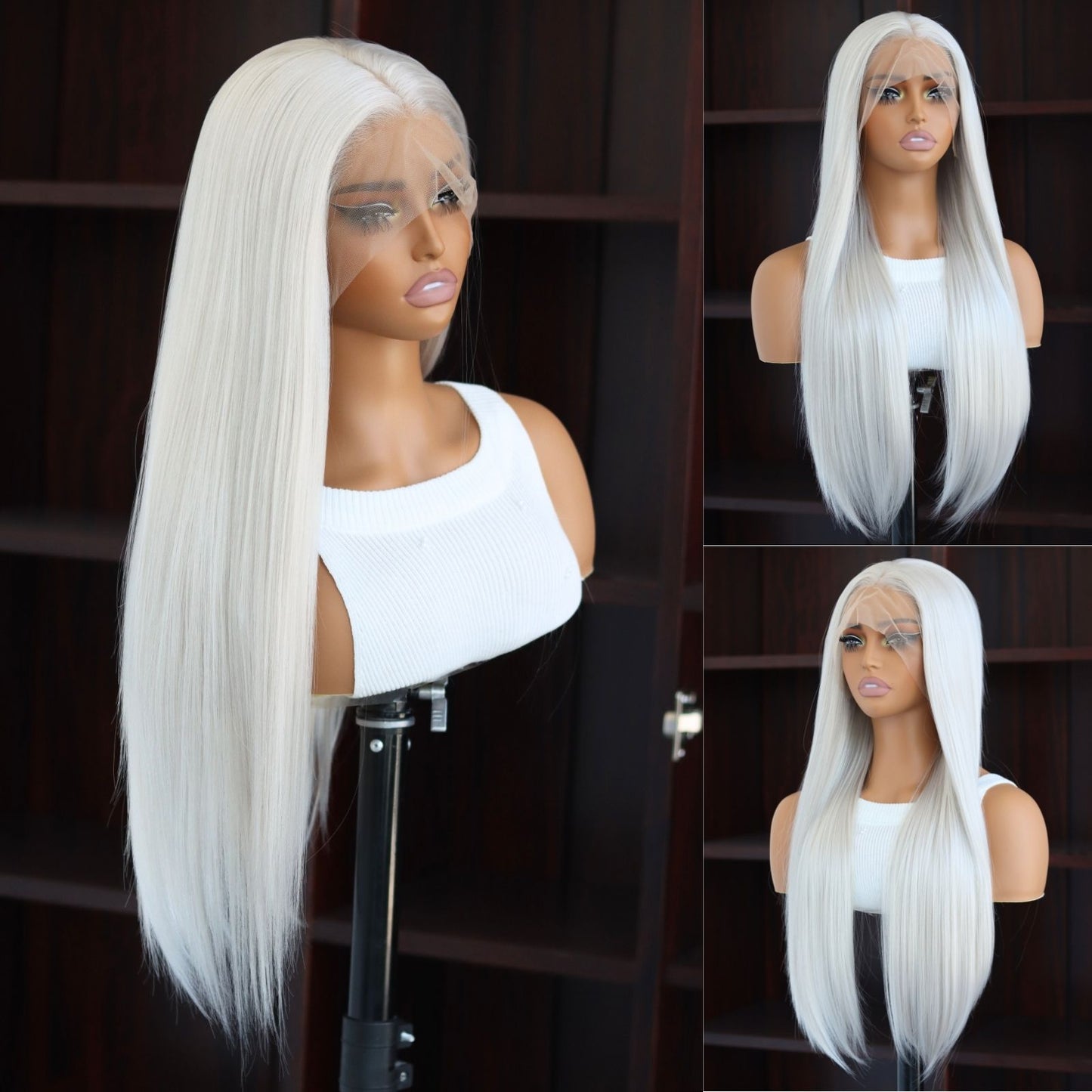 24 Inch Gray White Straight Lace Front Wig 13x4 HD Transparent Lace, Heat Resistant, Free Part, Pre-Plucked Natural Hairline Synthetic Hair