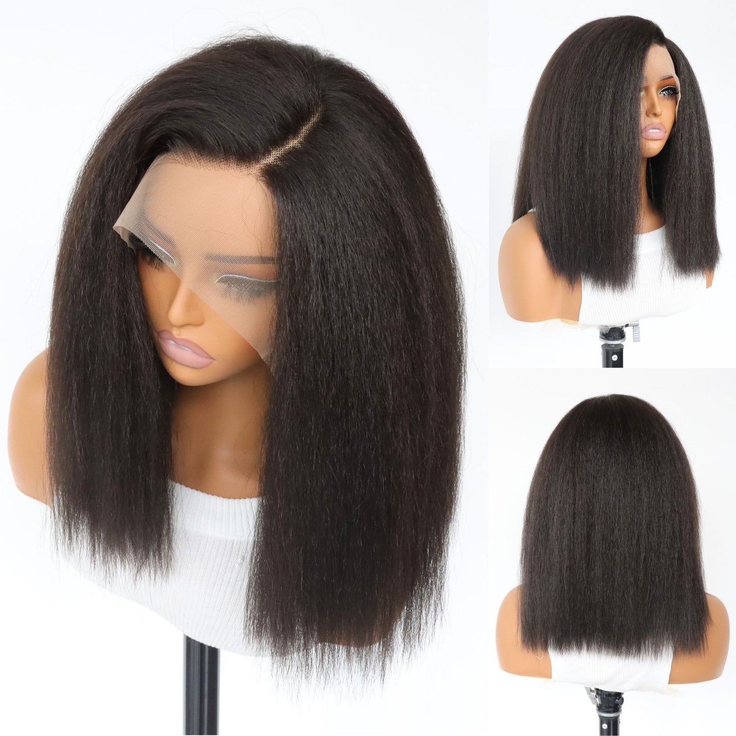 14 Inch Short Yaki Kinky Straight Lace Front Wig Dark Brown Heat-Resistant Synthetic Fiber HD Transparent Lace with 5" Deep Side Part