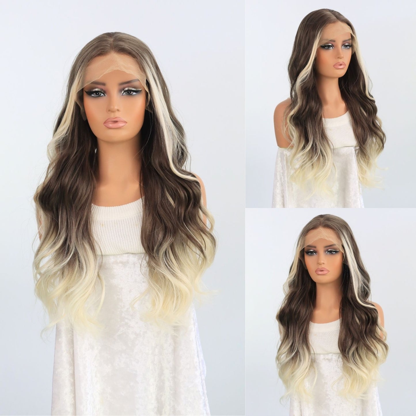 Ombre Blonde Body Wave Synthetic Lace Front Wig Free Part Pre Plucked 13X4 for Women Daily Use 24 Inches Heat Friendly
