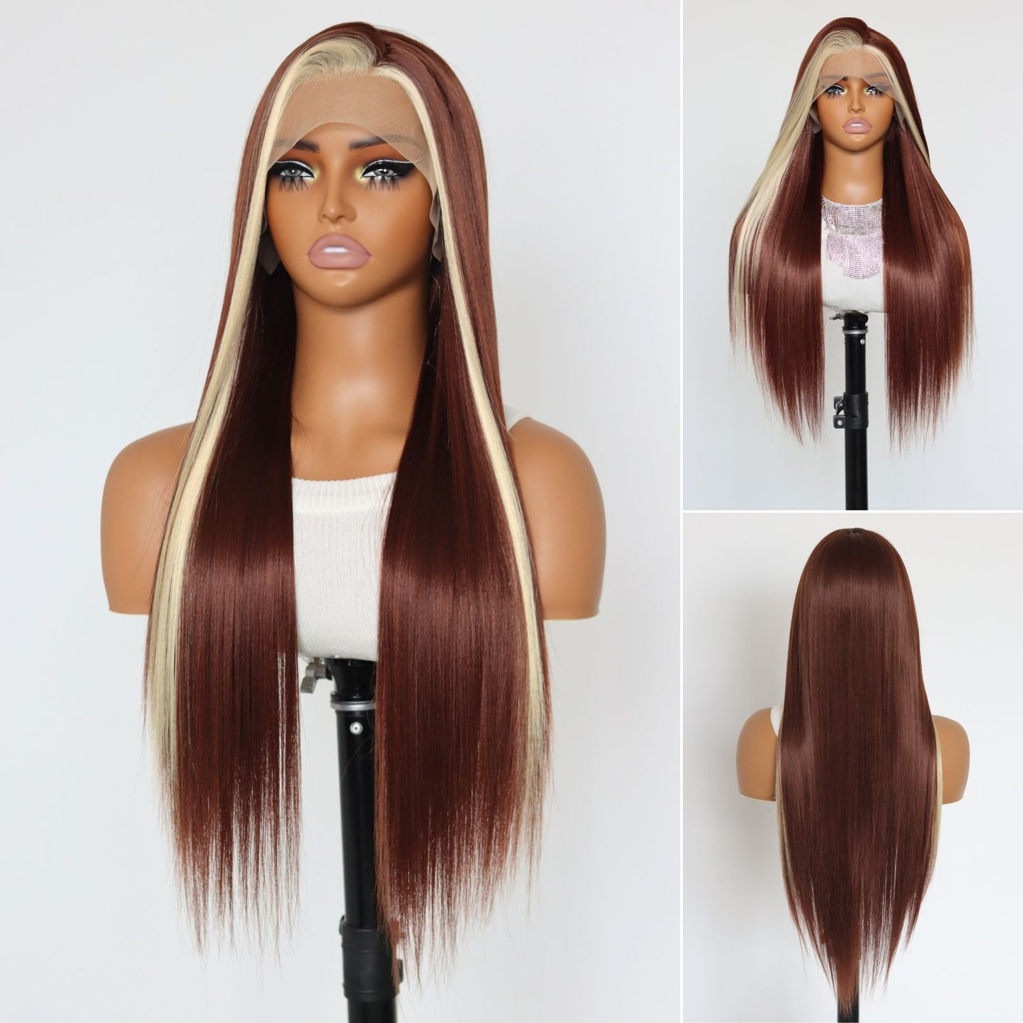 Reddish with Blonde Skunk Stripe Straight Synthetic Lace Front Wig 13X4 Party Daily Use 26 Inches