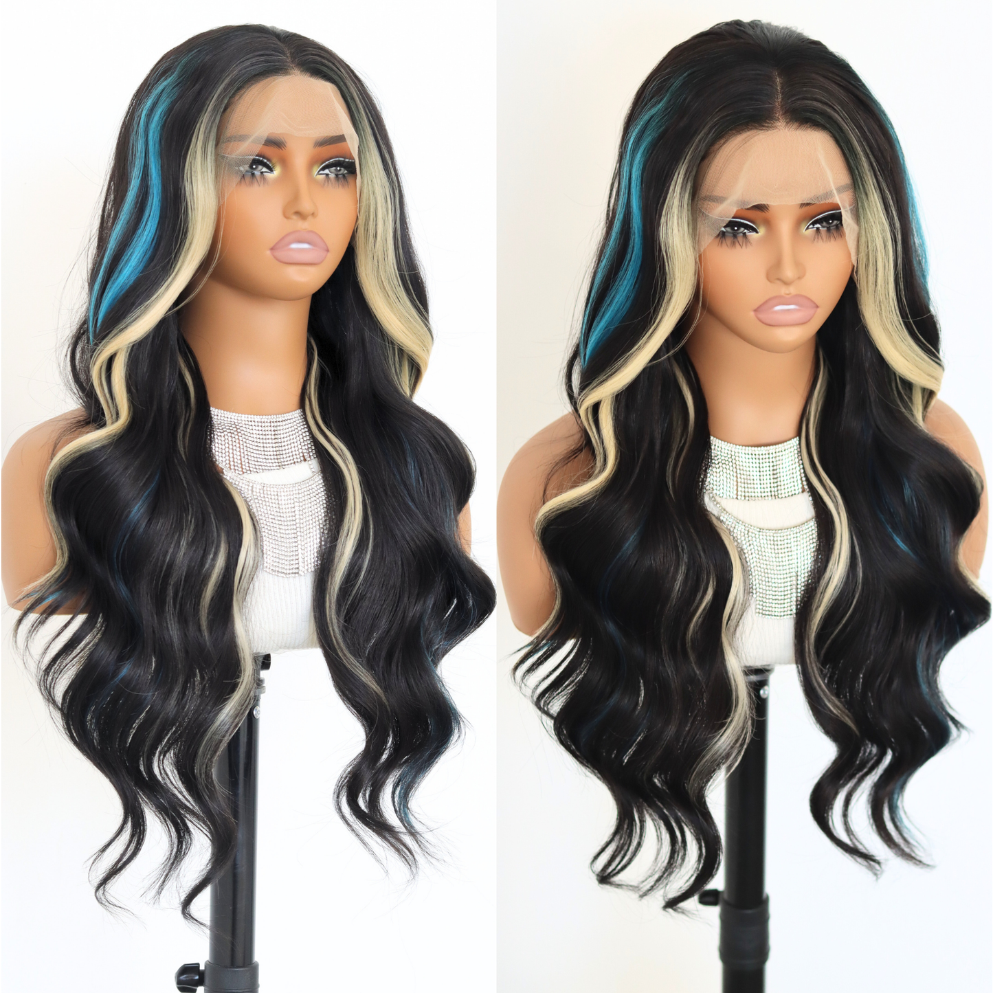 Highlight Blue Skunk Stripes Blonde Synthetic Lace Front Wigs Blue Blonde Highlights Wavy Wigs for Women Pre Plucked Hairline With 24 Inches 150 Density