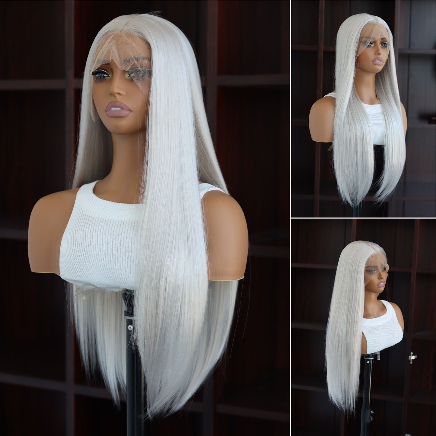 Gray White Straight Synthetic Lace Front Wig 13x4 for Daily Party Use 28 Inches