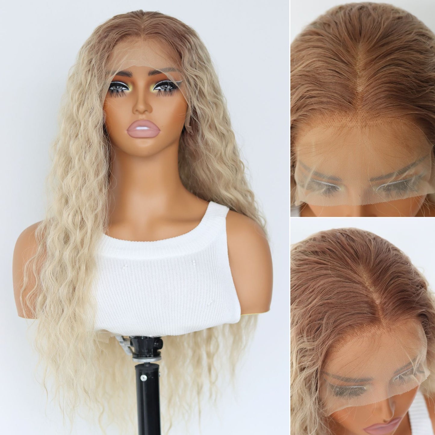 Ombre Blonde Long Curly Synthetic Lace Front Wig 13x4 for Party Christmas Daily Use 28 Inch
