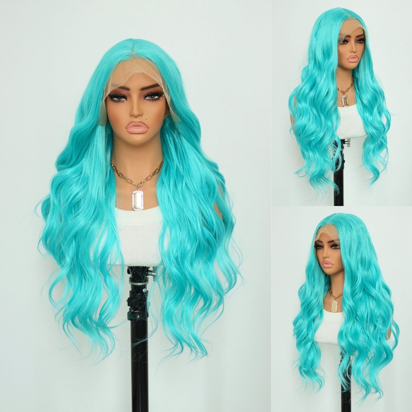 Turquoise Blue Long Body Wavy Synthetic Lace Front Wig 13x4 Pre-Plucked Hairline Free Part 24 Inches